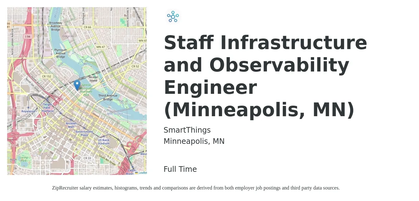 SmartThings job posting for a Staff Infrastructure and Observability Engineer (Minneapolis, MN) in Minneapolis, MN with a salary of $112,200 to $147,200 Yearly with a map of Minneapolis location.