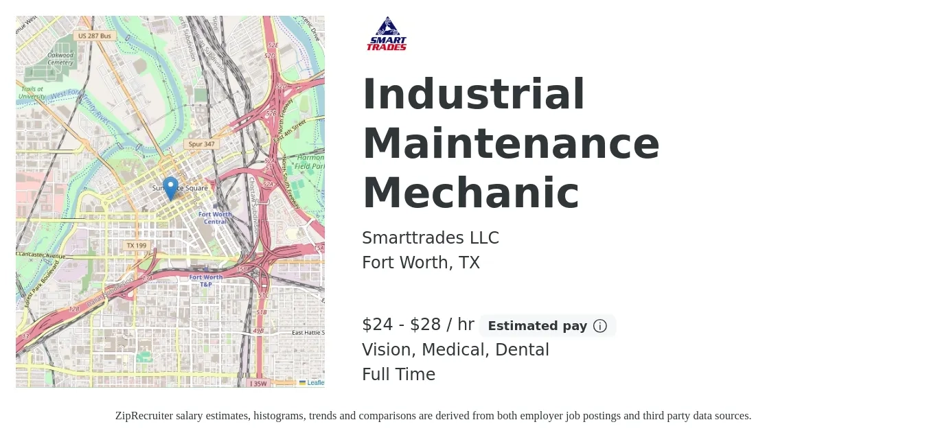 Smarttrades LLC job posting for a Industrial Maintenance Mechanic in Fort Worth, TX with a salary of $25 to $30 Hourly and benefits including vision, dental, and medical with a map of Fort Worth location.