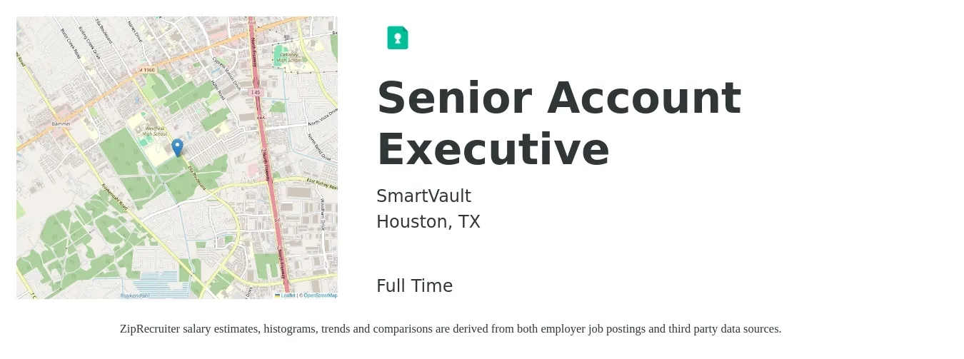 SmartVault job posting for a Senior Account Executive in Houston, TX with a salary of $69,700 to $106,800 Yearly with a map of Houston location.