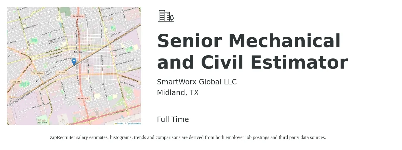SmartWorx Global LLC job posting for a Senior Mechanical and Civil Estimator in Midland, TX with a salary of $101,100 to $123,200 Yearly with a map of Midland location.