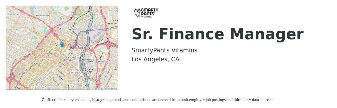 SmartyPants Vitamins job posting for a Sr. Finance Manager in Los Angeles, CA with a salary of $110,000 to $145,000 Yearly with a map of Los Angeles location.