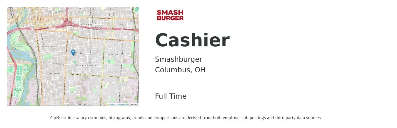 Smashburger job posting for a Cashier in Columbus, OH with a salary of $11 to $16 Hourly with a map of Columbus location.