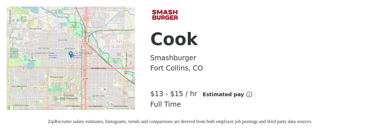 Smashburger job posting for a Cook in Fort Collins, CO with a salary of $14 to $16 Hourly with a map of Fort Collins location.