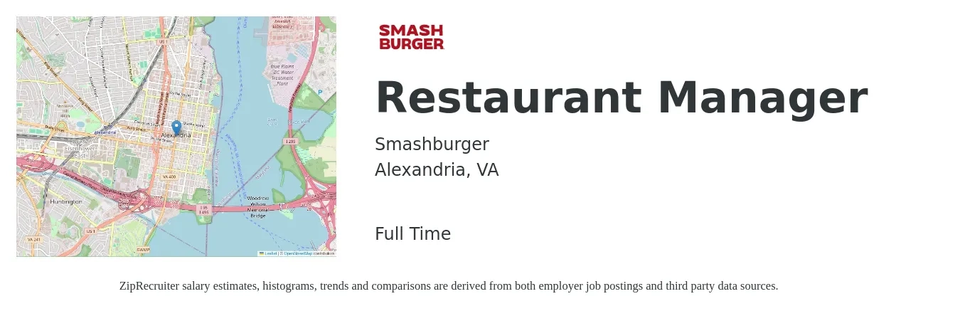 Smashburger job posting for a Restaurant Manager in Alexandria, VA with a salary of $43,800 to $61,800 Yearly with a map of Alexandria location.