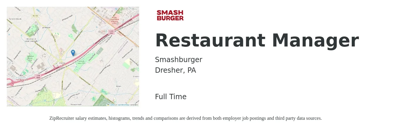Smashburger job posting for a Restaurant Manager in Dresher, PA with a salary of $44,600 to $63,000 Yearly with a map of Dresher location.