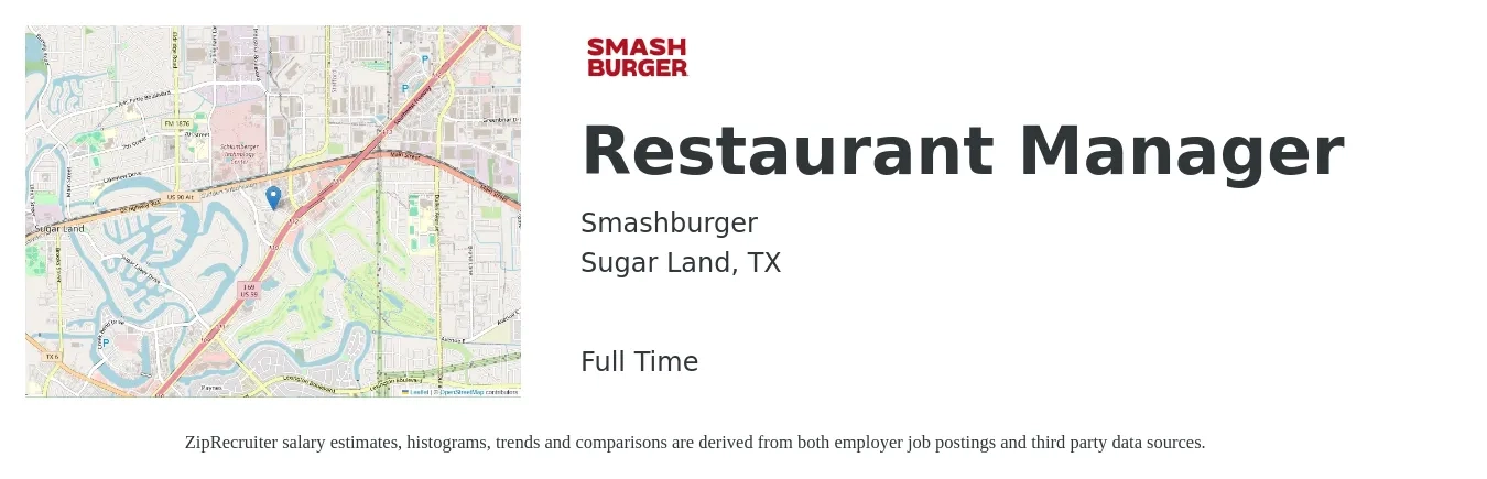 Smashburger job posting for a Restaurant Manager in Sugar Land, TX with a salary of $41,400 to $58,400 Yearly with a map of Sugar Land location.