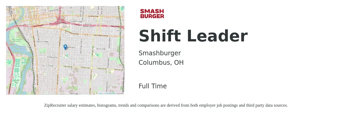 Smashburger job posting for a Shift Leader in Columbus, OH with a salary of $13 to $16 Hourly with a map of Columbus location.