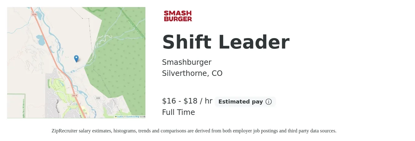 Smashburger job posting for a Shift Leader in Silverthorne, CO with a salary of $17 to $19 Hourly with a map of Silverthorne location.
