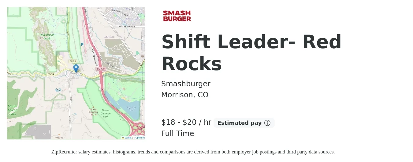 Smashburger job posting for a Shift Leader- Red Rocks in Morrison, CO with a salary of $19 to $21 Hourly with a map of Morrison location.