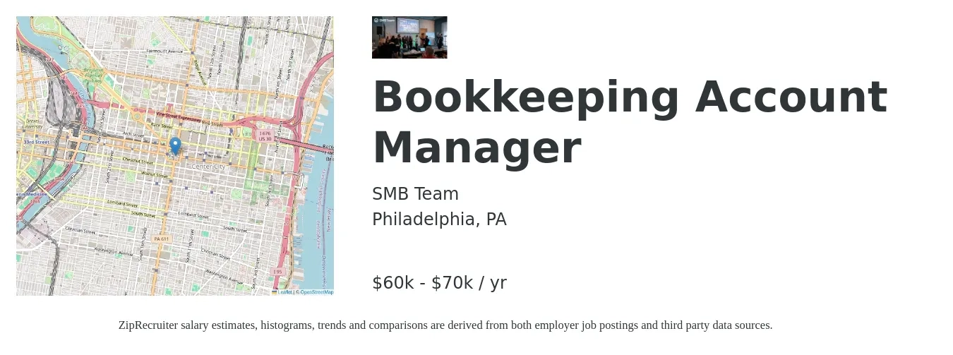 SMB Team job posting for a Bookkeeping Account Manager in Philadelphia, PA with a salary of $48,400 to $79,200 Yearly with a map of Philadelphia location.