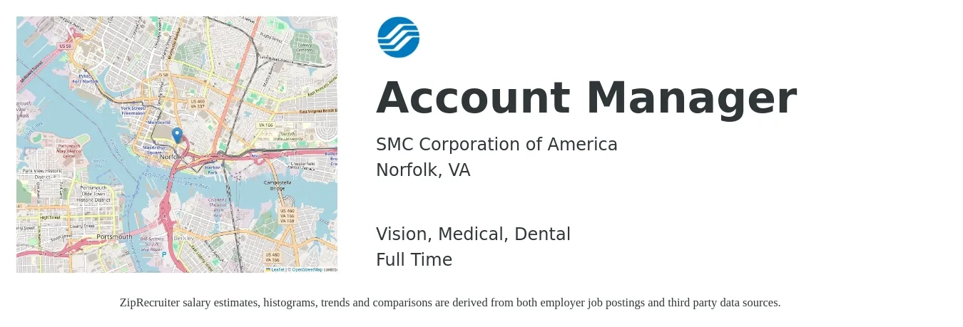 SMC Corporation of America job posting for a Account Manager in Norfolk, VA with a salary of $46,400 to $76,000 Yearly and benefits including dental, life_insurance, medical, pto, retirement, and vision with a map of Norfolk location.