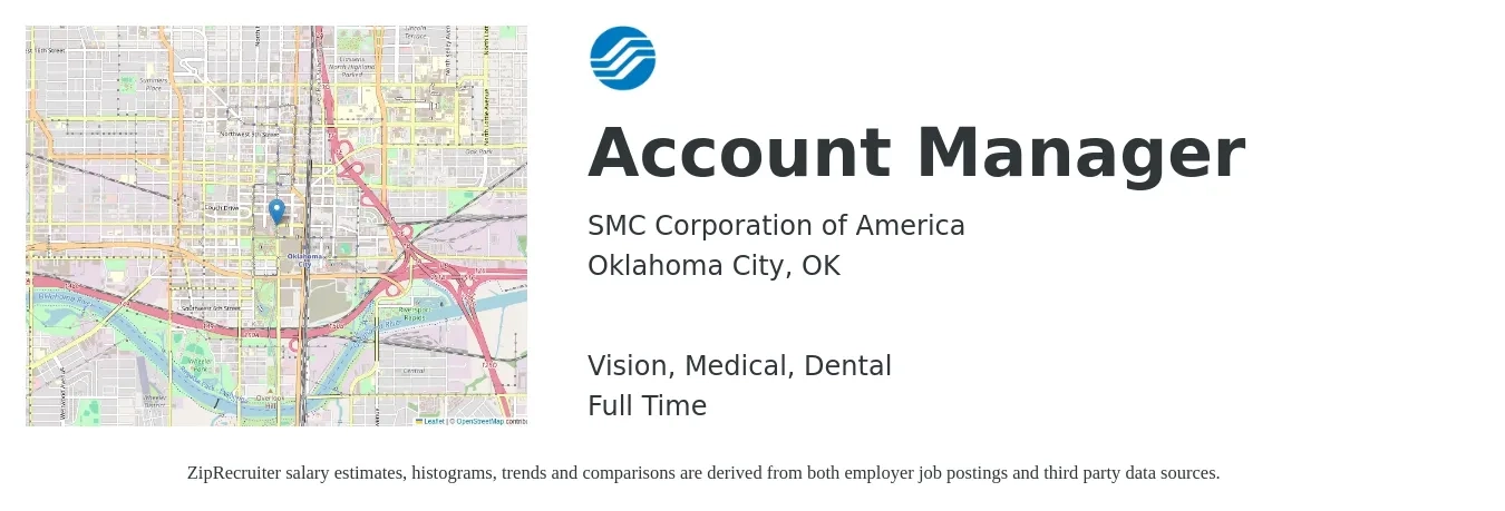 SMC Corporation of America job posting for a Account Manager in Oklahoma City, OK with a salary of $44,600 to $72,900 Yearly and benefits including retirement, vision, dental, life_insurance, medical, and pto with a map of Oklahoma City location.