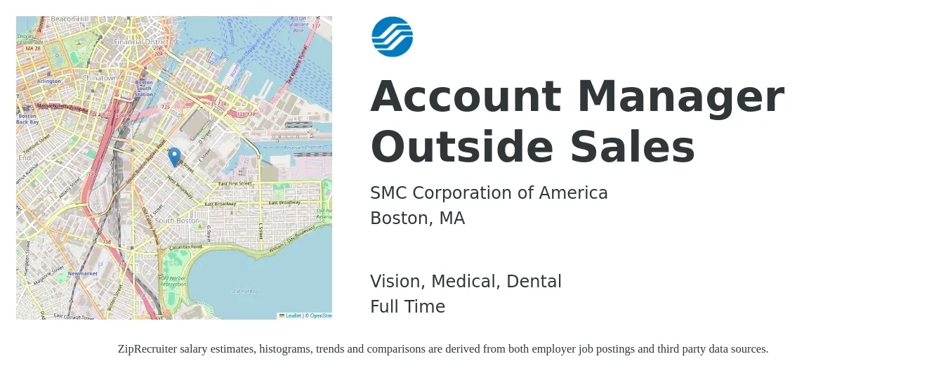SMC Corporation of America job posting for a Account Manager Outside Sales in Boston, MA with a salary of $70,600 to $101,000 Yearly and benefits including medical, retirement, vision, dental, and life_insurance with a map of Boston location.