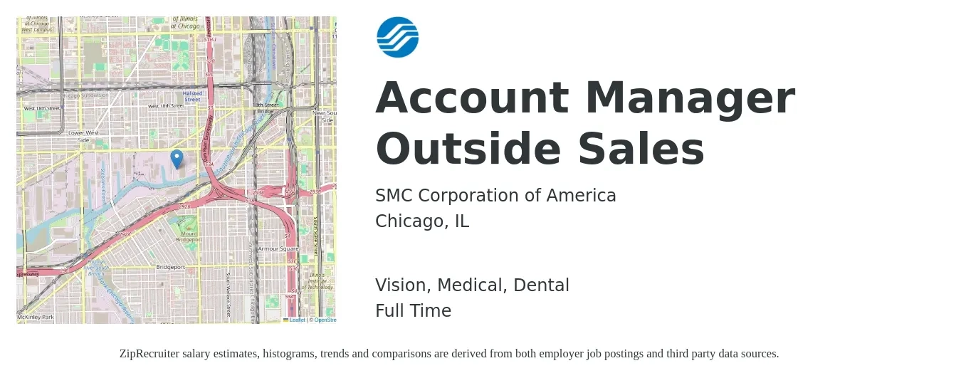 SMC Corporation of America job posting for a Account Manager Outside Sales in Chicago, IL with a salary of $67,000 to $95,800 Yearly and benefits including medical, retirement, vision, dental, and life_insurance with a map of Chicago location.
