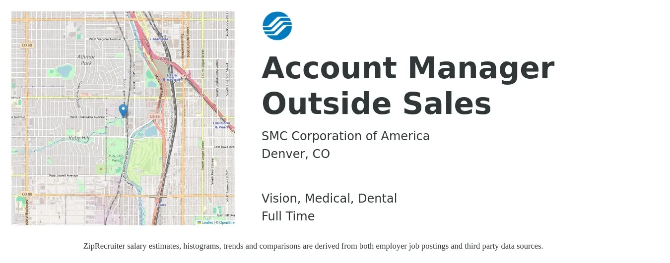 SMC Corporation of America job posting for a Account Manager Outside Sales in Denver, CO with a salary of $66,900 to $95,700 Yearly and benefits including retirement, vision, dental, life_insurance, and medical with a map of Denver location.