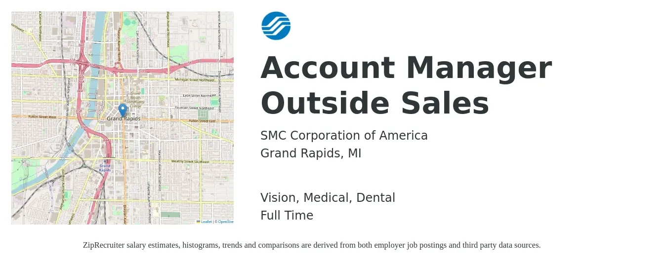 SMC Corporation of America job posting for a Account Manager Outside Sales in Grand Rapids, MI with a salary of $62,400 to $89,300 Yearly and benefits including dental, life_insurance, medical, retirement, and vision with a map of Grand Rapids location.