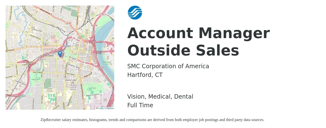 SMC Corporation of America job posting for a Account Manager Outside Sales in Hartford, CT with a salary of $65,600 to $93,800 Yearly and benefits including dental, life_insurance, medical, retirement, and vision with a map of Hartford location.