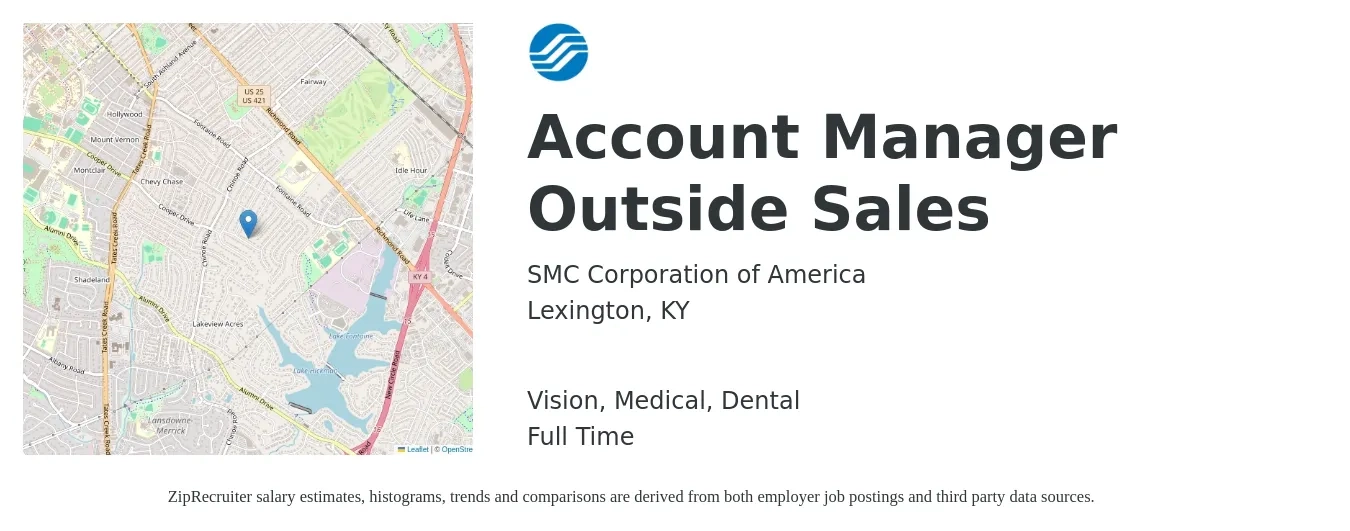 SMC Corporation of America job posting for a Account Manager Outside Sales in Lexington, KY with a salary of $64,600 to $92,400 Yearly and benefits including medical, retirement, vision, dental, and life_insurance with a map of Lexington location.