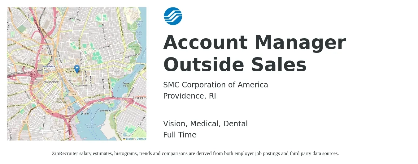SMC Corporation of America job posting for a Account Manager Outside Sales in Providence, RI with a salary of $65,700 to $94,000 Yearly and benefits including retirement, vision, dental, life_insurance, and medical with a map of Providence location.