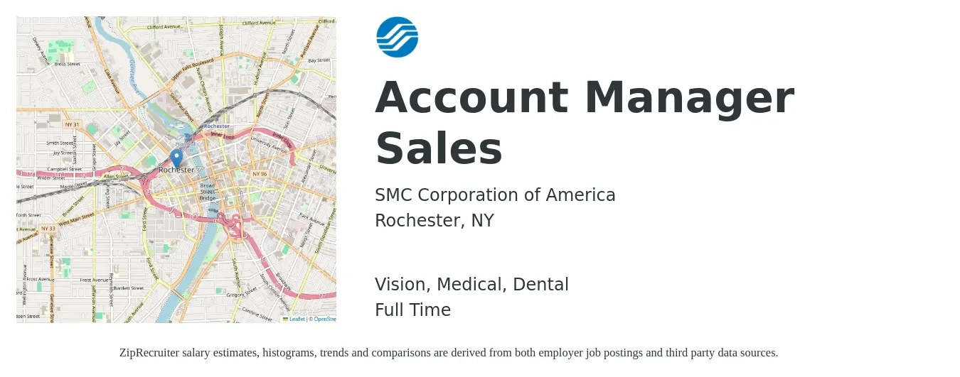 SMC Corporation of America job posting for a Account Manager Sales in Rochester, NY with a salary of $49,800 to $78,900 Yearly and benefits including vision, dental, life_insurance, medical, and retirement with a map of Rochester location.