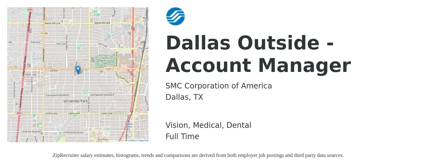 SMC Corporation of America job posting for a Dallas Outside - Account Manager in Dallas, TX with a salary of $64,300 to $92,000 Yearly and benefits including vision, dental, life_insurance, medical, pto, and retirement with a map of Dallas location.