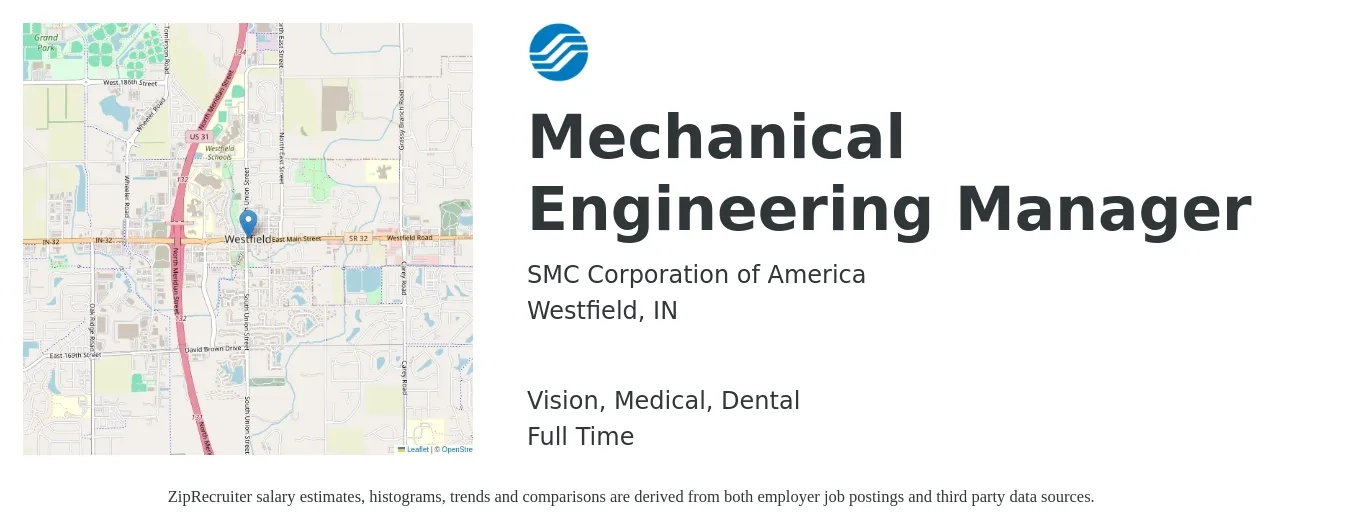 SMC Corporation of America job posting for a Mechanical Engineering Manager in Westfield, IN with a salary of $99,800 to $137,600 Yearly and benefits including dental, life_insurance, medical, pto, retirement, and vision with a map of Westfield location.
