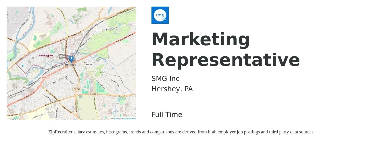 SMG Inc job posting for a Marketing Representative in Hershey, PA with a salary of $50,000 to $59,000 Yearly with a map of Hershey location.
