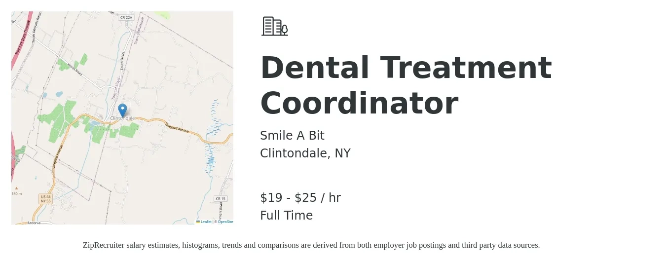 Smile A Bit job posting for a Dental Treatment Coordinator in Clintondale, NY with a salary of $20 to $26 Hourly with a map of Clintondale location.