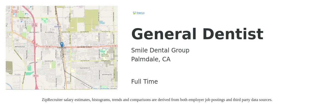 Smile Dental Group job posting for a General Dentist in Palmdale, CA with a salary of $800 to $1,200 Daily with a map of Palmdale location.