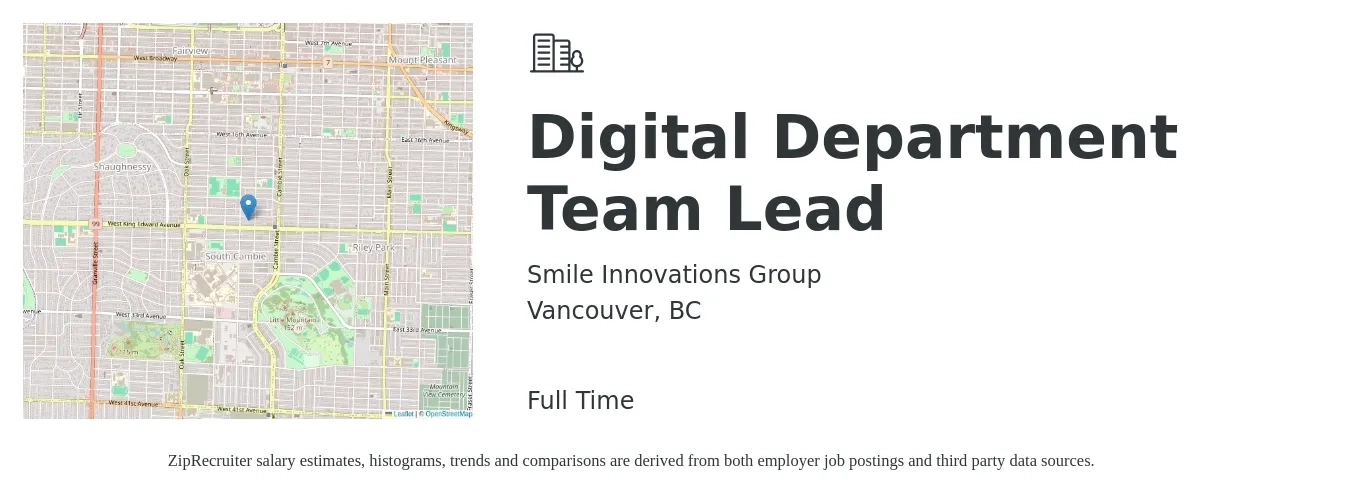 Smile Innovations Group job posting for a Digital Department Team Lead in Vancouver, BC with a map of Vancouver location.