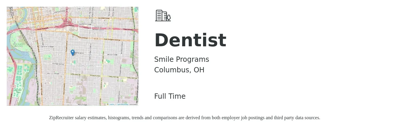 Smile Programs job posting for a Dentist in Columbus, OH with a salary of $500 to $650 Daily with a map of Columbus location.
