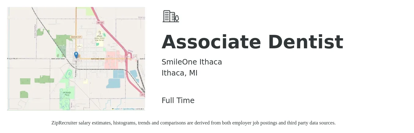SmileOne Ithaca job posting for a Associate Dentist in Ithaca, MI with a salary of $38,000 to $192,400 Yearly with a map of Ithaca location.