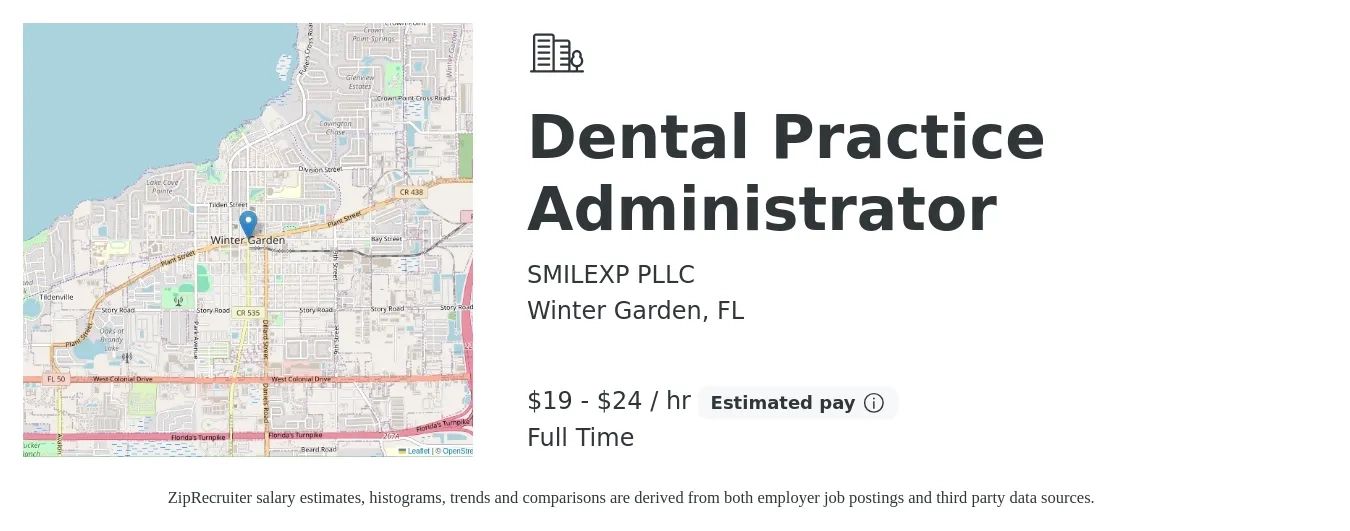 SMILEXP PLLC job posting for a Dental Practice Administrator in Winter Garden, FL with a salary of $20 to $25 Hourly with a map of Winter Garden location.