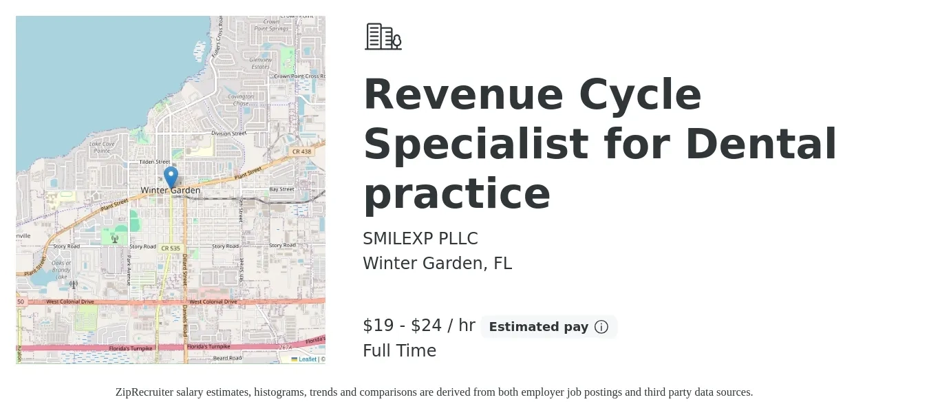 SMILEXP PLLC job posting for a Revenue Cycle Specialist for Dental practice in Winter Garden, FL with a salary of $20 to $25 Hourly with a map of Winter Garden location.