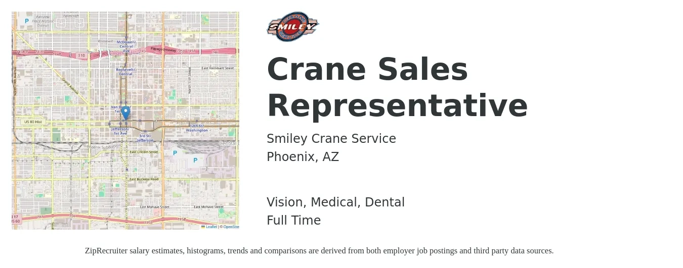 Smiley Crane Service job posting for a Crane Sales Representative in Phoenix, AZ with a salary of $39,700 to $69,500 Yearly and benefits including dental, life_insurance, medical, retirement, and vision with a map of Phoenix location.