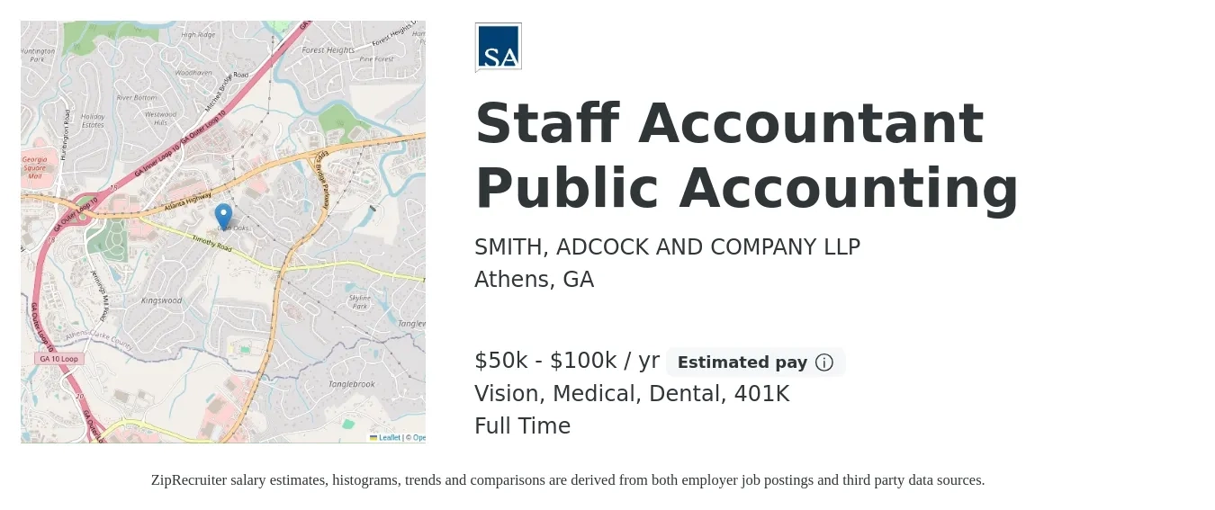 SMITH, ADCOCK AND COMPANY LLP job posting for a Staff Accountant Public Accounting in Athens, GA with a salary of $50,000 to $100,000 Yearly (plus commission) and benefits including 401k, dental, medical, and vision with a map of Athens location.