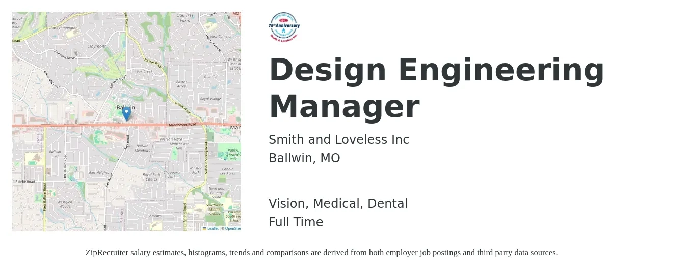 Smith and Loveless Inc job posting for a Design Engineering Manager in Ballwin, MO with a salary of $105,800 to $145,700 Yearly and benefits including dental, life_insurance, medical, pto, and vision with a map of Ballwin location.