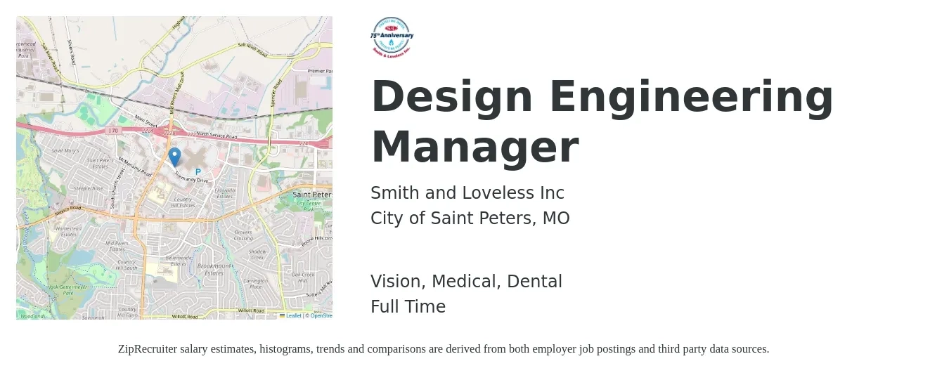 Smith and Loveless Inc job posting for a Design Engineering Manager in City of Saint Peters, MO with a salary of $104,200 to $143,400 Yearly and benefits including pto, vision, dental, life_insurance, and medical with a map of City of Saint Peters location.