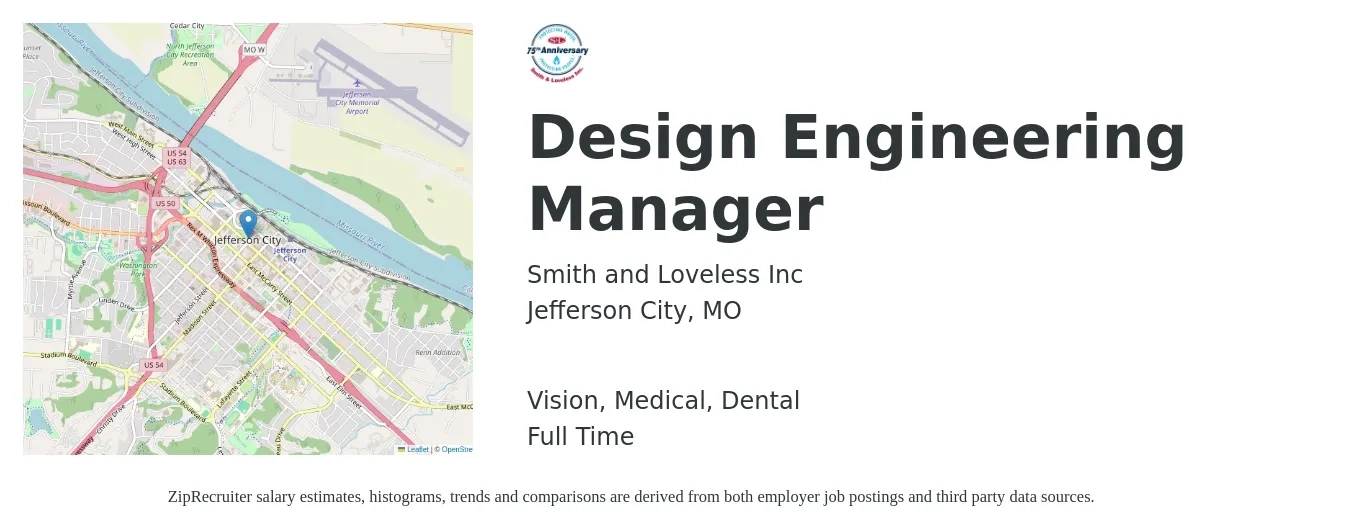 Smith and Loveless Inc job posting for a Design Engineering Manager in Jefferson City, MO with a salary of $103,300 to $142,200 Yearly and benefits including dental, life_insurance, medical, pto, and vision with a map of Jefferson City location.