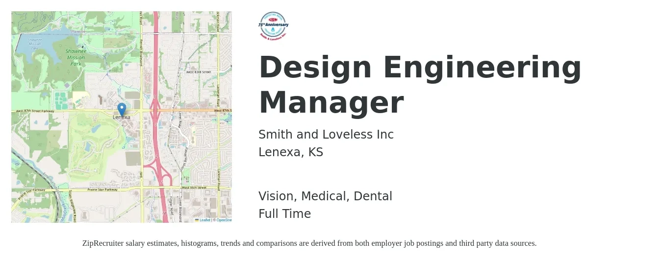 Smith and Loveless Inc job posting for a Design Engineering Manager in Lenexa, KS with a salary of $99,400 to $136,700 Yearly and benefits including vision, dental, life_insurance, medical, and pto with a map of Lenexa location.