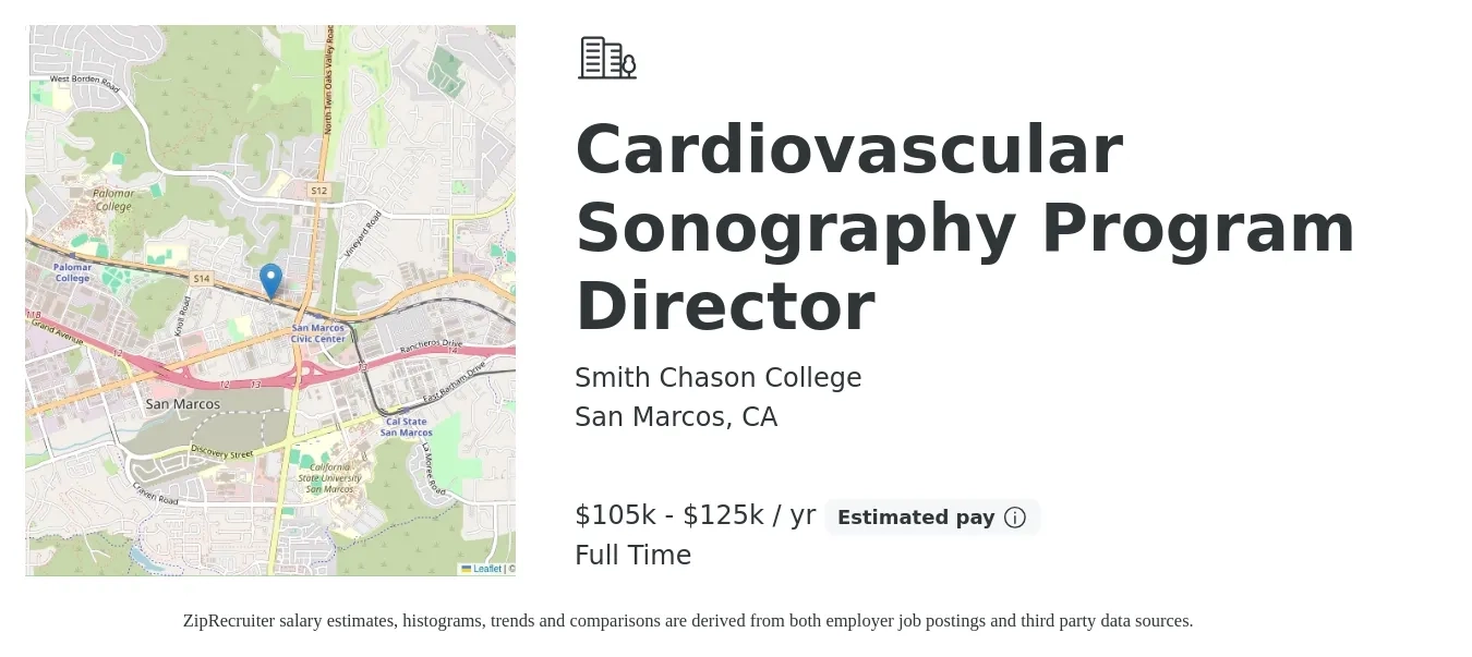 Smith Chason College job posting for a Cardiovascular Sonography Program Director in San Marcos, CA with a salary of $54,000 to $94,200 Yearly with a map of San Marcos location.
