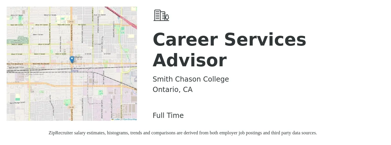Smith Chason College job posting for a Career Services Advisor in Ontario, CA with a salary of $21 to $28 Hourly with a map of Ontario location.