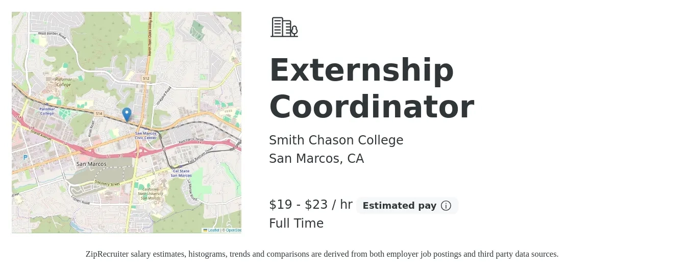 Smith Chason College job posting for a Externship Coordinator in San Marcos, CA with a salary of $20 to $30 Hourly with a map of San Marcos location.