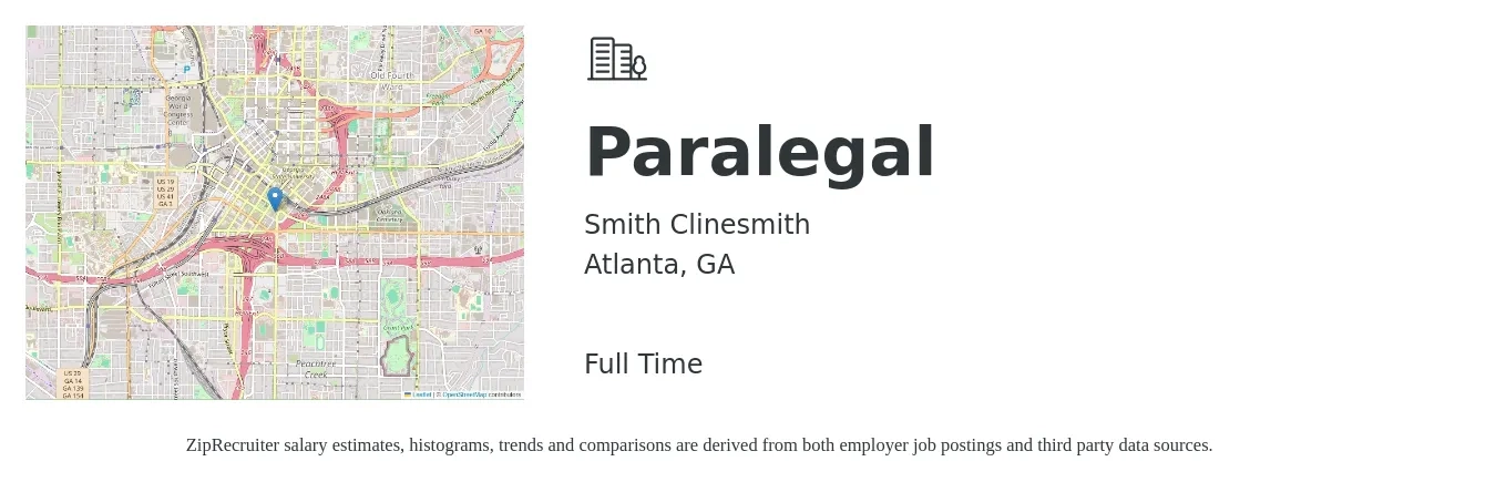Smith Clinesmith job posting for a Paralegal in Atlanta, GA with a salary of $47,100 to $67,200 Yearly with a map of Atlanta location.