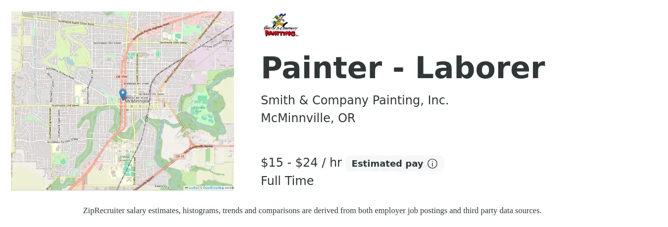 Smith & Company Painting, Inc. job posting for a Painter - Laborer in McMinnville, OR with a salary of $16 to $25 Hourly with a map of McMinnville location.