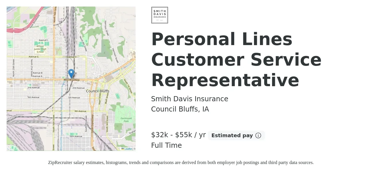 Smith Davis Insurance job posting for a Personal Lines Customer Service Representative in Council Bluffs, IA with a salary of $32,000 to $55,000 Yearly with a map of Council Bluffs location.