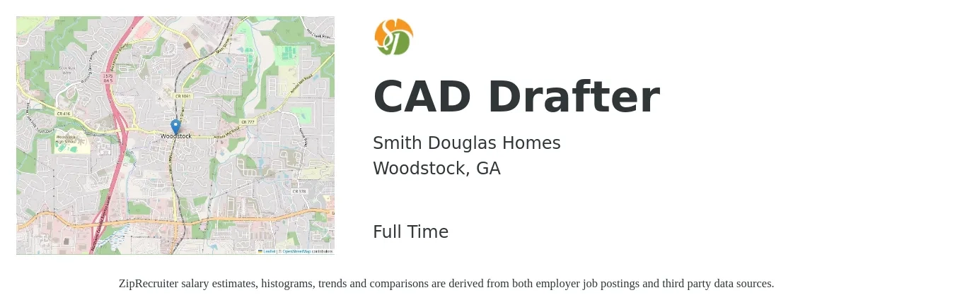 Smith Douglas Homes job posting for a CAD Drafter in Woodstock, GA with a salary of $20 to $27 Hourly with a map of Woodstock location.
