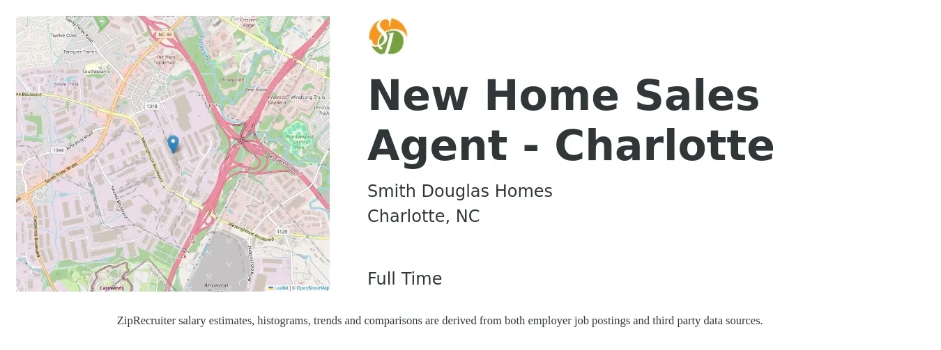 Smith Douglas Homes job posting for a New Home Sales Agent - Charlotte in Charlotte, NC with a salary of $16 Hourly with a map of Charlotte location.