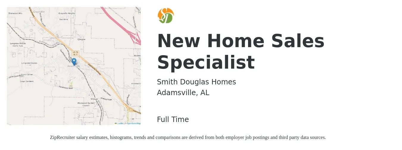 Smith Douglas Homes job posting for a New Home Sales Specialist in Adamsville, AL with a salary of $44,500 to $74,000 Yearly with a map of Adamsville location.