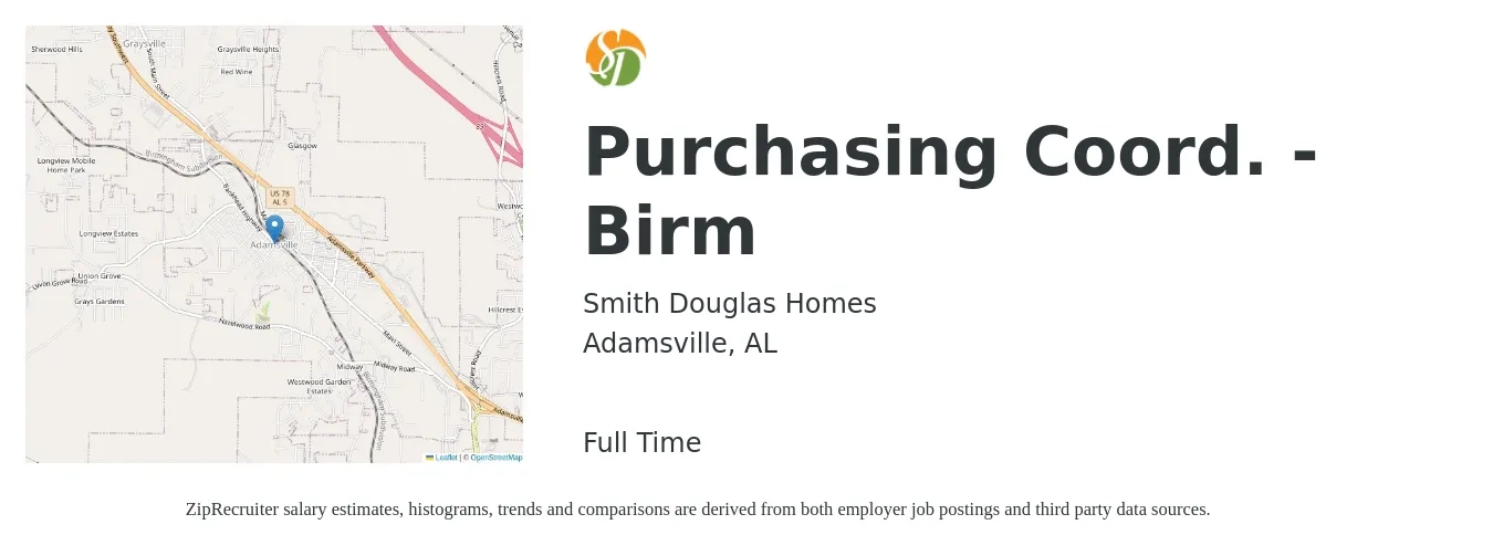 Smith Douglas Homes job posting for a Purchasing Coord. - Birm in Adamsville, AL with a salary of $20 to $27 Hourly with a map of Adamsville location.
